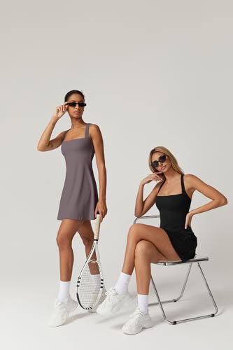 Womens Square Neck Tennis Dress Sleeveless Built in Shorts Golf Athletic Dress with Pockets