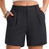 Shorts for Women Dressy Casual Summer Pleated Tailored Back Elastic Waist Trouser Shorts with Pockets