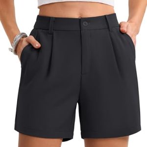 Shorts for Women Dressy Casual Summer Pleated Tailored Back Elastic Waist Trouser Shorts with Pockets