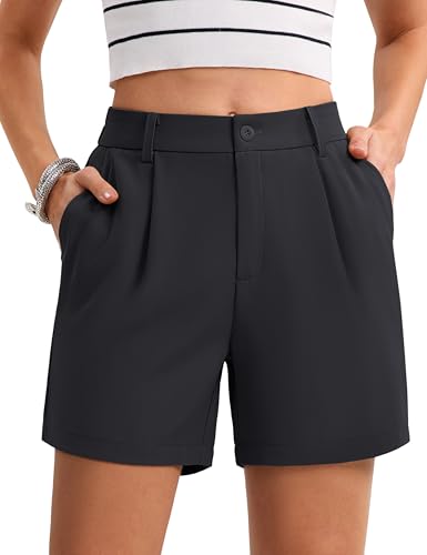 Shorts for Women Dressy Casual Summer Pleated Tailored Back Elastic Waist Trouser Shorts with Pockets