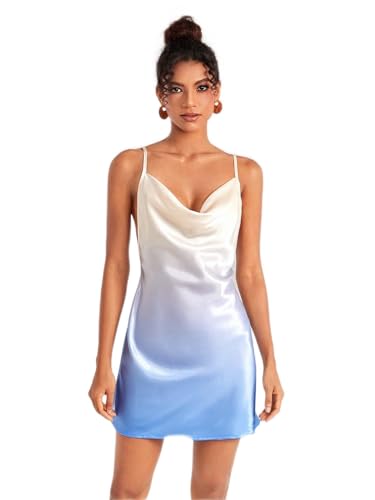 Women's Dress Ombre Draped Collar Satin Cami Dress - Sexy Spaghetti Strap Backless Zipper Short Dress Women's Dress
