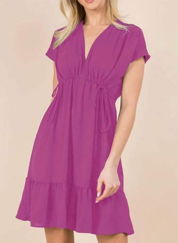 Womens Summer Dresses 2025 Short Sleeve V Neck Empire Waist Drawstring Casual Ruffle A-Line Swing Mini Babydoll Dress