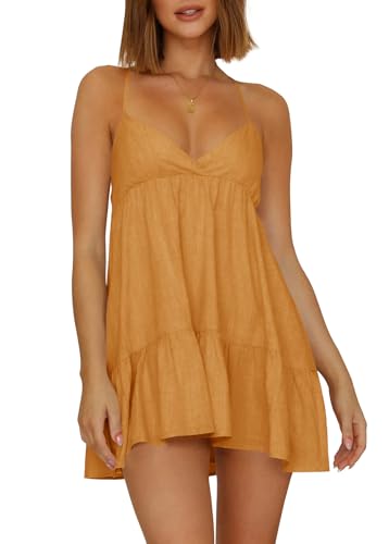 Womens V Neck Crisscross Backless Dresses Tie Back Sleeveless Ruffle Hem Flowy Swing A-Line Vintage Summer Mini Dress