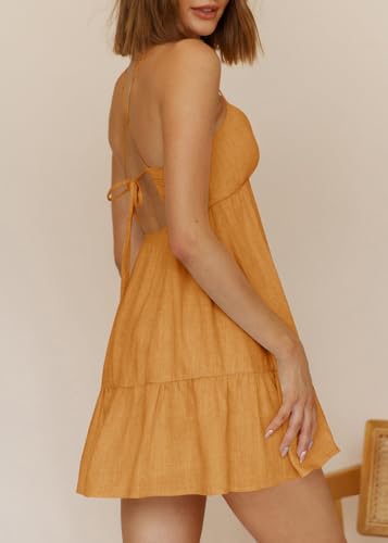 Womens V Neck Crisscross Backless Dresses Tie Back Sleeveless Ruffle Hem Flowy Swing A-Line Vintage Summer Mini Dress