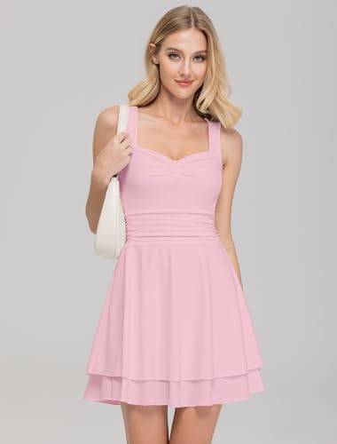 Women's Square Neck Sleeveless Mini Dress Ruched Waist Tiered Ruffle Hem A Line Short Dresses