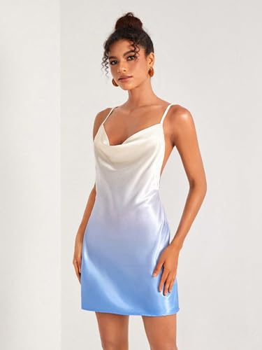 Women's Dress Ombre Draped Collar Satin Cami Dress - Sexy Spaghetti Strap Backless Zipper Short Dress Women's Dress