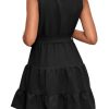 Women's Ruched Trim Crewneck Sleeveless Tie Knot High Waist Ruffle Layered Short Dress