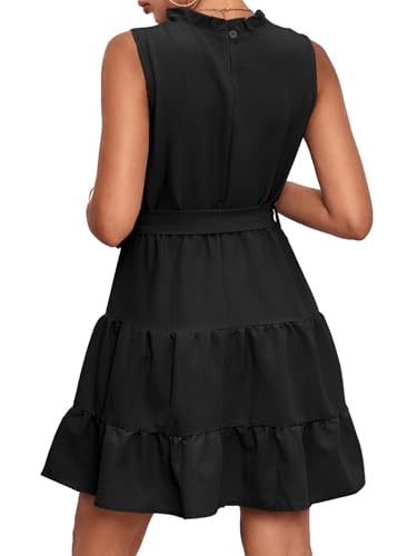 Women's Ruched Trim Crewneck Sleeveless Tie Knot High Waist Ruffle Layered Short Dress