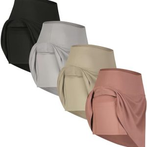 4 Pack: Women's Ribbed Active Skort Pockets Skirt Running Tennis Golf Workout Sports (Available in Plus)