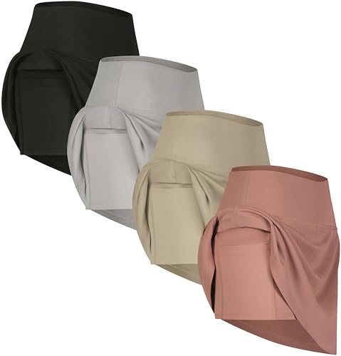 4 Pack: Women's Ribbed Active Skort Pockets Skirt Running Tennis Golf Workout Sports (Available in Plus)