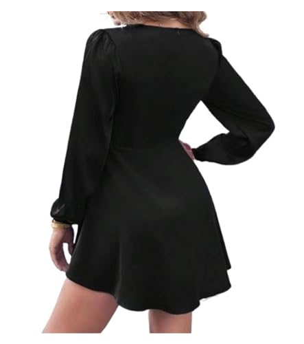 2024 Women's Cut Out Mini Dress Knot Front V-Neck Long Sleeve Short A-Line Flare Dress Ruffle Mini Swing Skater Dress