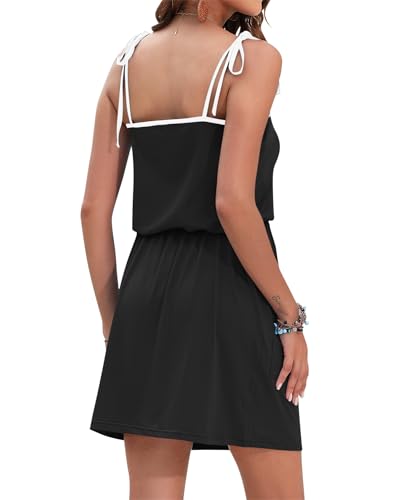 Womens Summer Dresses Sleeveless Spaghetti Strap Beach Cover up Drawstring Waist Mini Short Dress with Pockets