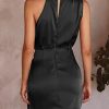 Women's Short Formal Satin Dress Summer Sleeveless Mock Neck Tie Waist Cocktail Party Dresses