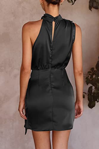 Women's Short Formal Satin Dress Summer Sleeveless Mock Neck Tie Waist Cocktail Party Dresses