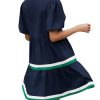 Womens Puff Sleeve Babydoll Dress V Neck Navy Blue Striped Color Block Tiered Mini Dresses