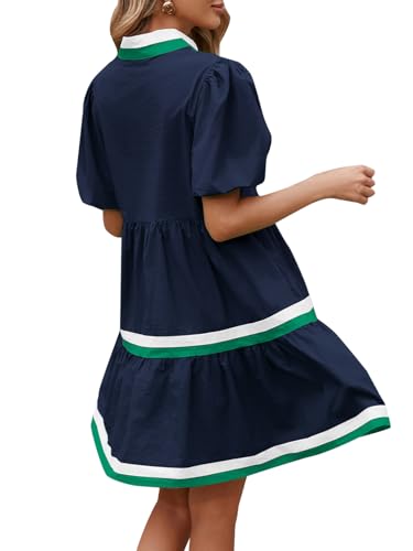 Womens Puff Sleeve Babydoll Dress V Neck Navy Blue Striped Color Block Tiered Mini Dresses