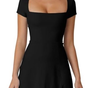 Womens Square Neck Tennis Dress Short Sleeve Built in Shorts Golf Athletic Dress with Pockets