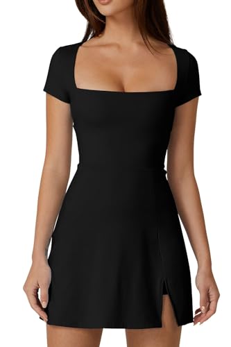 Womens Square Neck Tennis Dress Short Sleeve Built in Shorts Golf Athletic Dress with Pockets