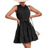Women's Ruched Trim Crewneck Sleeveless Tie Knot High Waist Ruffle Layered Short Dress