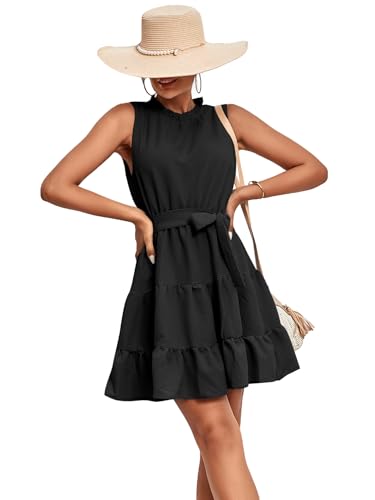 Women's Ruched Trim Crewneck Sleeveless Tie Knot High Waist Ruffle Layered Short Dress