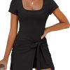 Women Summer Short Sleeve Square Neck Bodycon Tie Cinched Waist Romper Mini Dress Athletic Night Out Vacation Dress