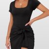 Women Summer Short Sleeve Square Neck Bodycon Tie Cinched Waist Romper Mini Dress Athletic Night Out Vacation Dress