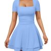 Women's Sexy Square Neck Short Sleeve Ruched Tiered Ruffle Hem Flowy Club Party Mini Dress