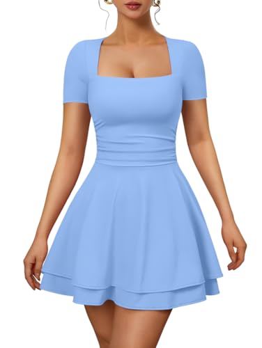 Women's Sexy Square Neck Short Sleeve Ruched Tiered Ruffle Hem Flowy Club Party Mini Dress