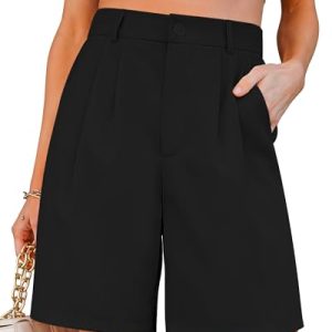 Bermuda Shorts for Women Dressy Casual High Waisted Summer Work Elastic Waist Pleated Dress Shorts with Pockets