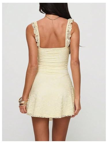 Women's Floral Lace Bow Ruffle Tank Mini Dress Scoop Neck Sleeveless Short Dresses