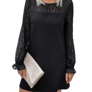 Women's Dress Contrast Mesh Flare Sleeve Tunic Dress - Casual Short Dress with Flare Sleeves and Contrast Mesh Details Dress