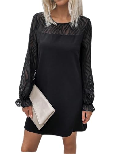 Women's Dress Contrast Mesh Flare Sleeve Tunic Dress - Casual Short Dress with Flare Sleeves and Contrast Mesh Details Dress