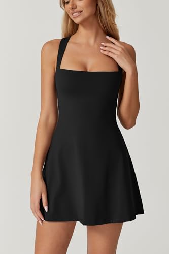 Womens Square Neck Tennis Dress Sleeveless Built in Shorts Golf Athletic Dress with Pockets