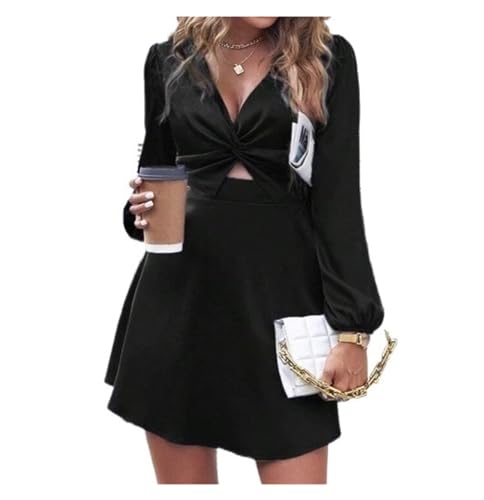 2024 Women's Cut Out Mini Dress Knot Front V-Neck Long Sleeve Short A-Line Flare Dress Ruffle Mini Swing Skater Dress