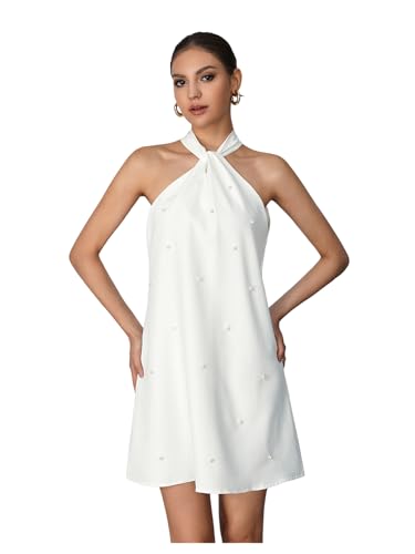 Women's Pearl Beaded Halter Twist Sleeveless Tie Back Dress A Line Dress