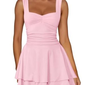 Women's Square Neck Sleeveless Mini Dress Ruched Waist Tiered Ruffle Hem A Line Short Dresses