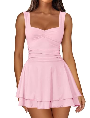 Women's Square Neck Sleeveless Mini Dress Ruched Waist Tiered Ruffle Hem A Line Short Dresses