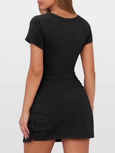 Women Summer Short Sleeve Square Neck Bodycon Tie Cinched Waist Romper Mini Dress Athletic Night Out Vacation Dress