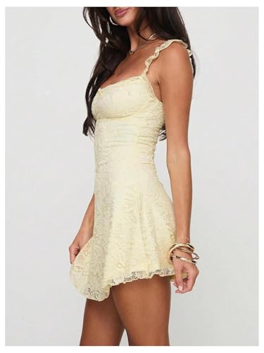Women's Floral Lace Bow Ruffle Tank Mini Dress Scoop Neck Sleeveless Short Dresses