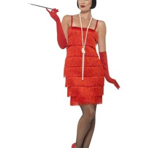 Flapper Costume, Red with Short Dress, Headband & Gloves, 1920's Razzle Fancy Dress, Adult Dress Up Costumes