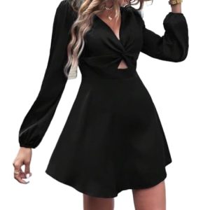 2024 Women's Cut Out Mini Dress Knot Front V-Neck Long Sleeve Short A-Line Flare Dress Ruffle Mini Swing Skater Dress