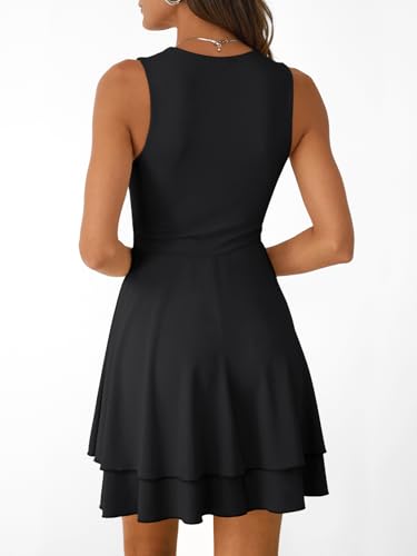 Women's Square Neck Summer Party Flowy Ruffle Hem Ruched Waist Mini Dress