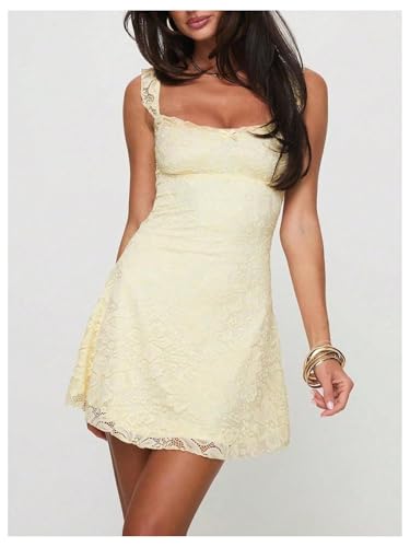 Women's Floral Lace Bow Ruffle Tank Mini Dress Scoop Neck Sleeveless Short Dresses