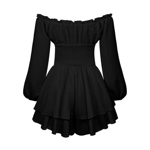 Women Plus Size Rompers Playsuits Swiss Dot Boat Neck Off Shoulder Long Sleeve Short Jumpsuits