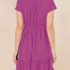 Womens Summer Dresses 2025 Short Sleeve V Neck Empire Waist Drawstring Casual Ruffle A-Line Swing Mini Babydoll Dress