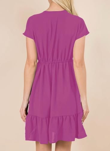 Womens Summer Dresses 2025 Short Sleeve V Neck Empire Waist Drawstring Casual Ruffle A-Line Swing Mini Babydoll Dress