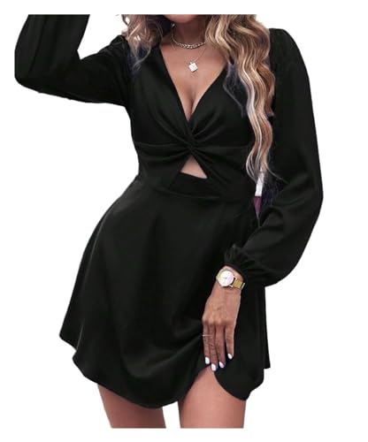 2024 Women's Cut Out Mini Dress Knot Front V-Neck Long Sleeve Short A-Line Flare Dress Ruffle Mini Swing Skater Dress