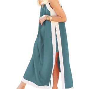 Women's 2 Piece Sets Boho Color Block Sleeveless Maxi Dress Matching Shorts with Pockets
