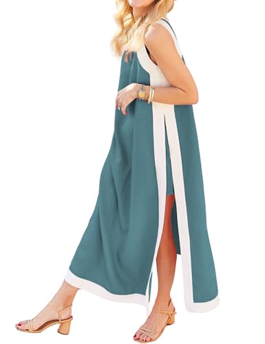 Women's 2 Piece Sets Boho Color Block Sleeveless Maxi Dress Matching Shorts with Pockets
