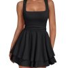 Women's Square Neck Summer Party Flowy Ruffle Hem Ruched Waist Mini Dress